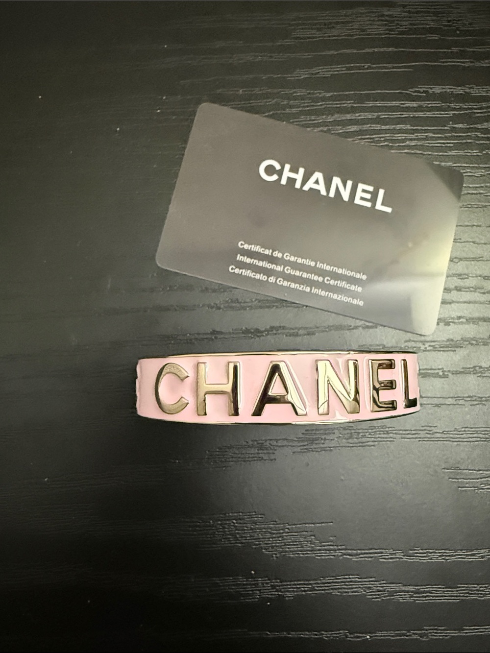 CHANEL Pink Leather Logo Cuff with Gold Letters